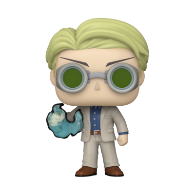 Figura de vinil tipo Funko Pop com cabelo loiro, óculos redondos e chama azul