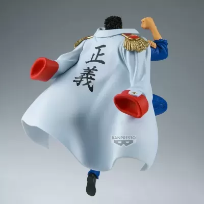 Figura de ação de personagem com casaco branco e vermelho e fato azul em fundo cinzento