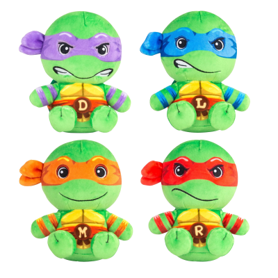 Peluches das Tartarugas Ninja em quatro cores com letras na cintura