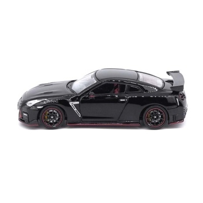 Modelo de carro desportivo preto em escala com detalhes vermelhos e spoiler