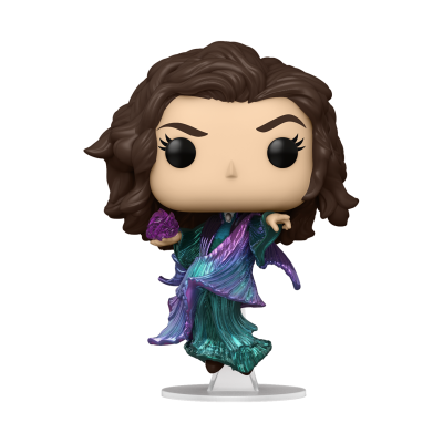 Figura Funko Pop de vinil com vestido azul esverdeado e roxo segurando objeto roxo