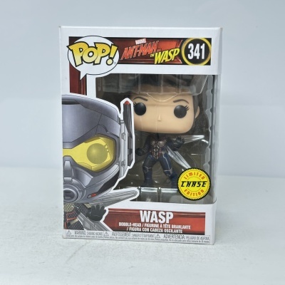 Funko Pop! da Wasp da Marvel na embalagem branca com texto e imagens coloridas