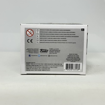 Embalagem branca do produto Funko com texto e código de barras