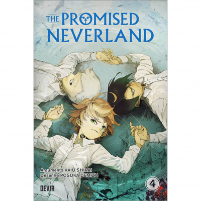 Capa do livro The Promised Neverland, Volume 4 com três personagens desenhados em círculo