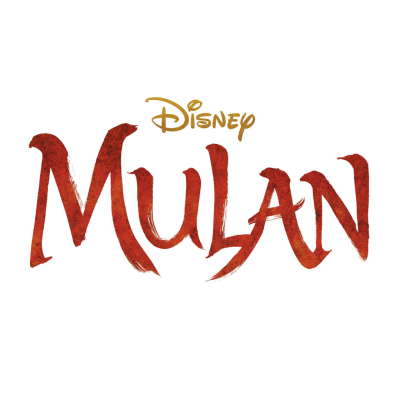 Logótipo do filme Disney Mulan com palavras em dourado e vermelho