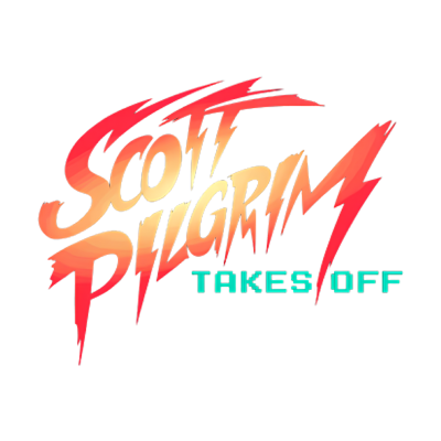 Logótipo colorido com o texto Scott Pilgrim Takes Off