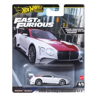 Miniatura de carro branco e vermelho Hot Wheels 2018 Bentley Continental GT3 em embalagem