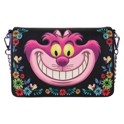 Mala preta com estampa do Gato de Cheshire e flores bordadas coloridas