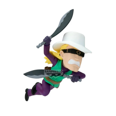 Figura de ação de personagem com chapéu branco, roupa roxa e duas espadas