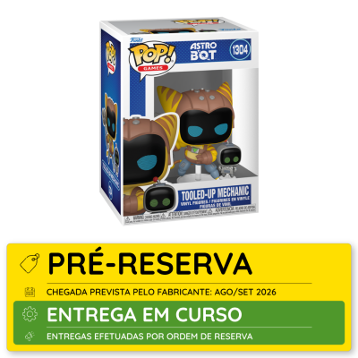 Figura Funko Pop! Astro Bot Tooled-Up Mechanic em caixa com etiqueta de pré-reserva