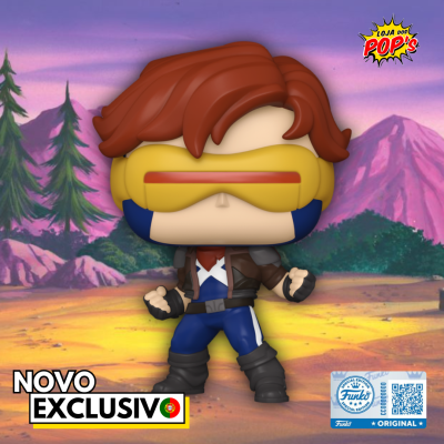 Figura Funko Pop personagem com óculos amarelos e roupa azul e castanha