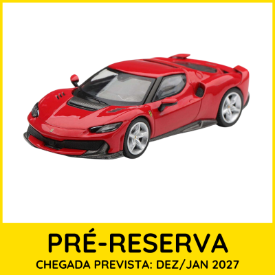 Miniatura de carro desportivo Ferrari vermelho com destaque para moldura amarela e texto