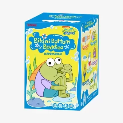 Caixa de brinquedo Bikini Bottom Buddies SpongeBob azul e amarelo com personagem cartoon