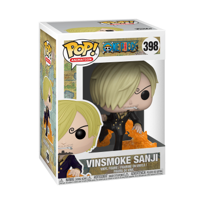 Figura Funko Pop Vinsmoke Sanji nº 398 da série One Piece numa caixa com texto e gráficos