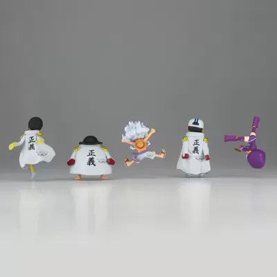 Cinco miniaturas de personagens de anime em fila, visto de costas