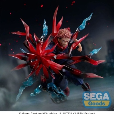 Figura colecionável de Yuji Itadori com efeitos vermelhos e azuis