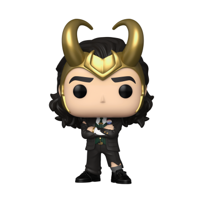 Figura Funko Pop de personagem com coroa dourada e traje preto