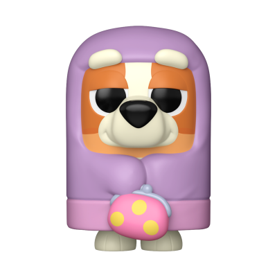 Figura colecionável de cão com corpo roxo e bolsa rosa