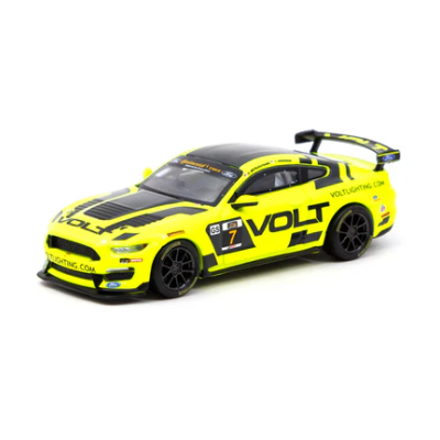 Modelo de carro de corrida amarelo com detalhes em preto e inscrições VOLT