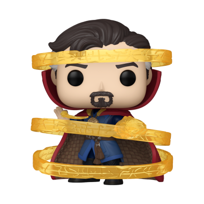 Figura Funko Pop de personagem masculino com capa vermelha e traje azul rodeado por anéis amarelos