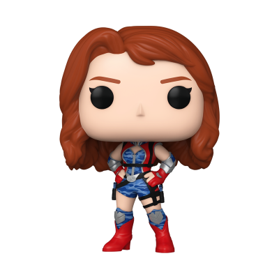 Figura colecionável Funko Pop com cabelo vermelho e roupa azul e vermelha