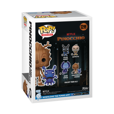 Caixa Funko Pop! Pinocchio Netflix número 1299 com personagens no verso