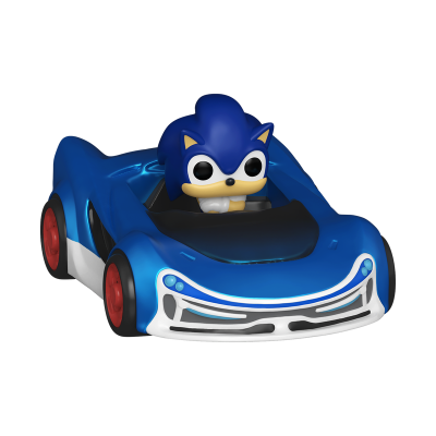 Funko Pop do Sonic num carro azul com detalhes brancos e rodas vermelhas