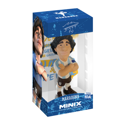 Boneco colecionável de Maradona em uniforme de futebol na caixa azul