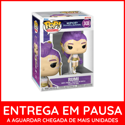 Figura Funko POP! Rumi de vinil na embalagem com cabelo roxo e roupa branca e dourada