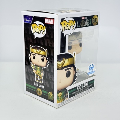 Figura Funko Pop! Kid Loki em embalagem clara branca com texto e logo Marvel e Disney.