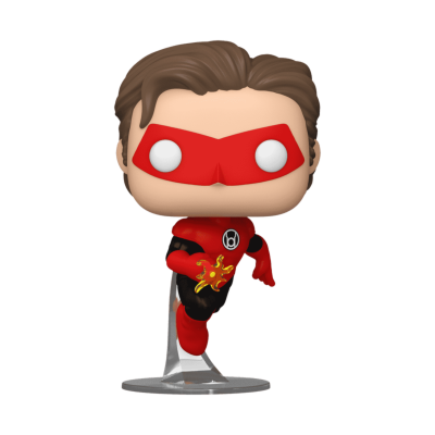 Figura Funko Pop de super-herói vermelho e preto em suporte transparente