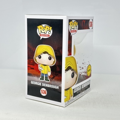 Caixa de Funko Pop! Georgie Denbrough com capa amarela e fundo escuro