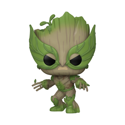 Funko Pop de Groot com textura de madeira e folhas verdes
