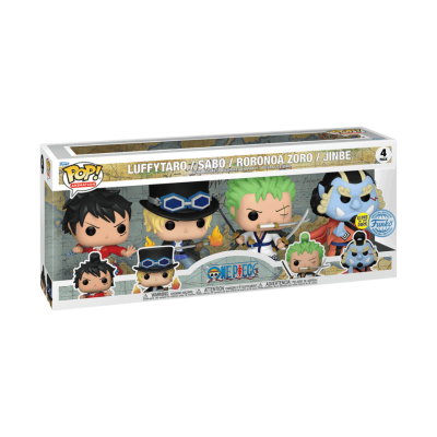 Conjunto de quatro figuras Funko Pop! de personagens de One Piece na caixa