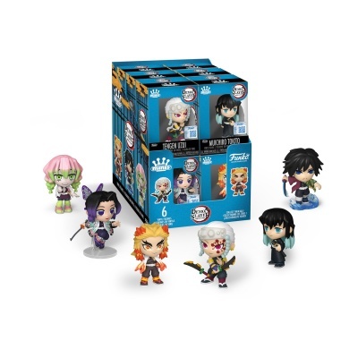 Figuras Funko Minis Demon Slayer em caixa azul com seis personagens vinil coloridos