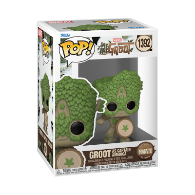 Figura Funko Pop Groot como Capitão América na caixa