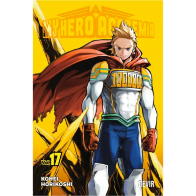 Capa do manga My Hero Academia com personagem loiro e capa vermelha sobre fundo amarelo.