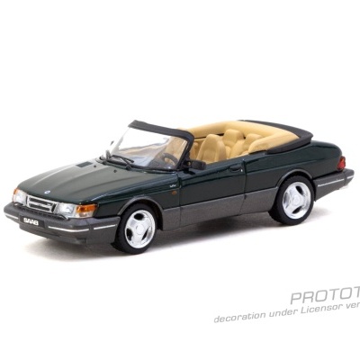 Miniatura de carro conversível Saab verde escuro com interior bege.