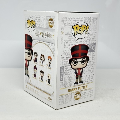 Embalagem Funko Pop Harry Potter 120 com ilustração de boneco e textos em branco, cinza e dourado