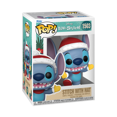 Figura Funko Pop! Stitch com chapéu de Natal na embalagem
