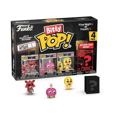 Caixa com 4 figuras miniatura Funko Bitty Pop! Five Nights at Freddy's com personagens Foxy, Cupcake, Chica e um mistério