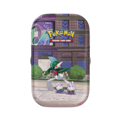 Estojo metálico Pokémon com personagens e texto colorido