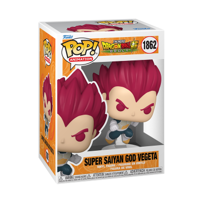 Figura vinil Super Saiyan God Vegeta com cabelo vermelho e roupa azul e branca em caixa