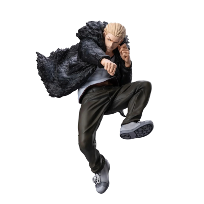Estátua de personagem masculino com casaco preto e cabelos loiros em pose de luta