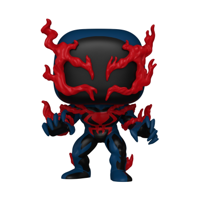 Figura de vinil Homem-Aranha preto, azul e vermelho com padrões vermelhos estilo tentáculos.