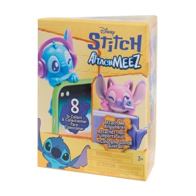 Brinquedo Disney Stitch AttachMeez em embalagem amarela com figuras coloridas e texto multilingue