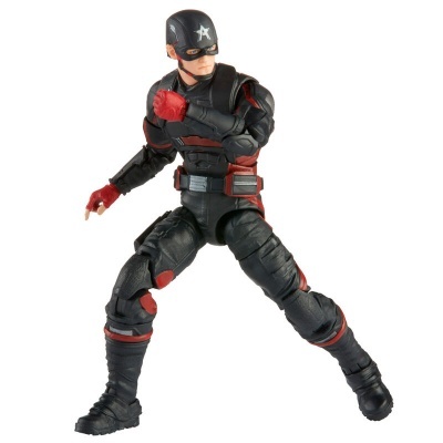 Figura de ação de personagem em fato preto e vermelho com capacete e estrela branca