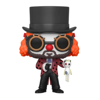 Figura Funko Pop com chapéu preto, cabelo laranja e casaco vermelho com bolas pretas
