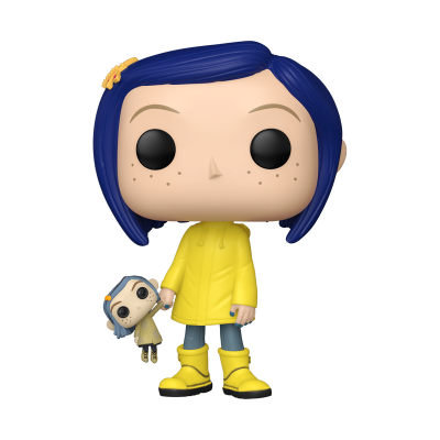 Figura Funko Pop com cabelo azul e casaco amarelo segurando uma boneca pequena.