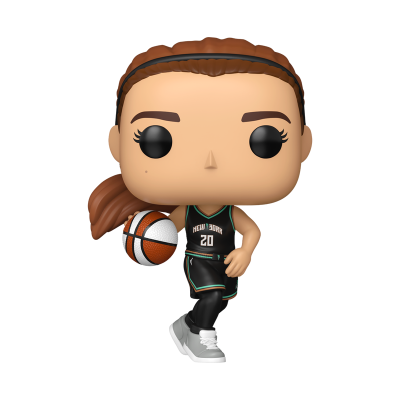 Figura Funko Pop de jogador de basquetebol com uniforme preto e bola de basquetebol